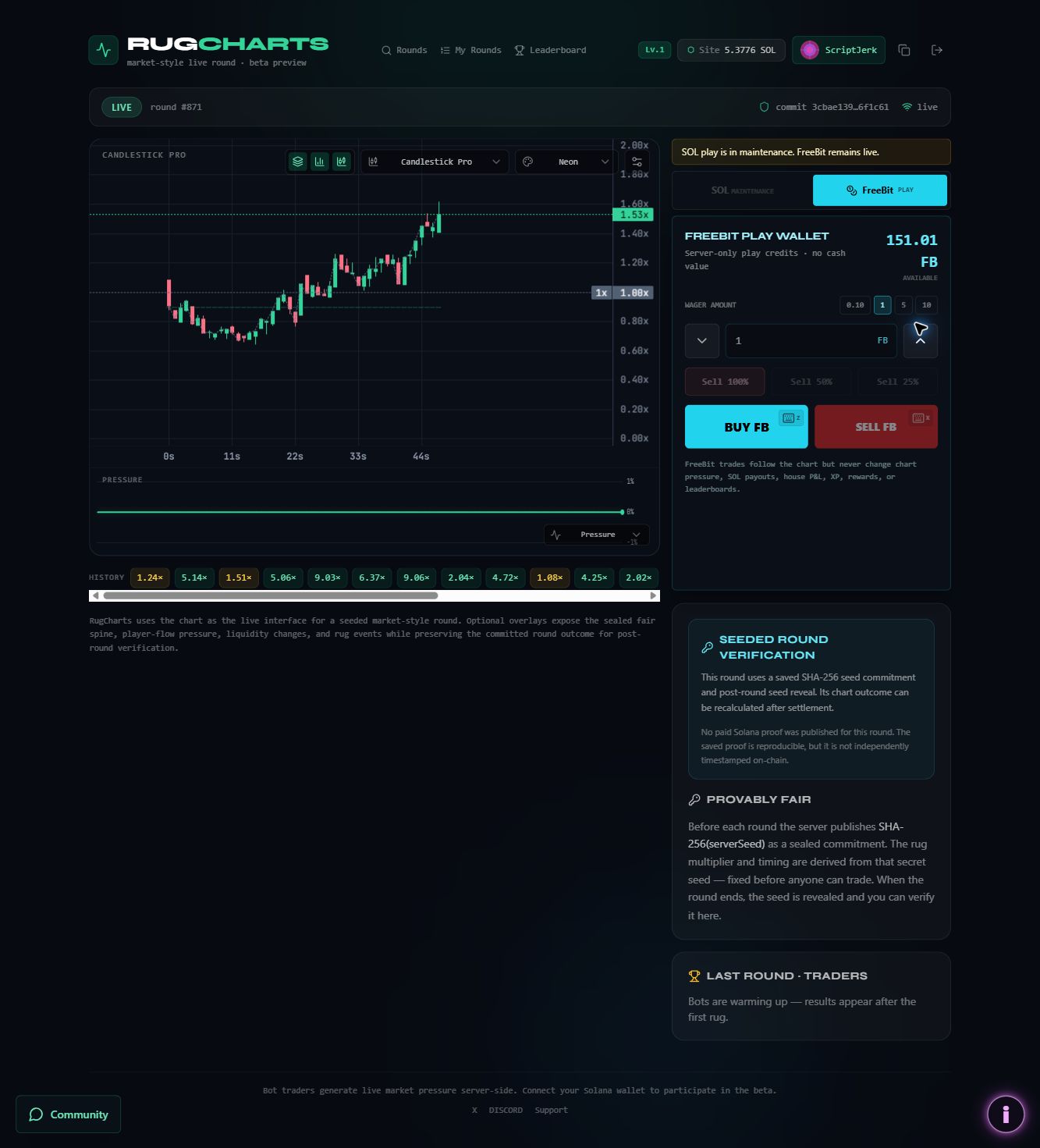 RugCharts earlier player interface showing a candlestick chart, practice balance, and buy and sell controls.